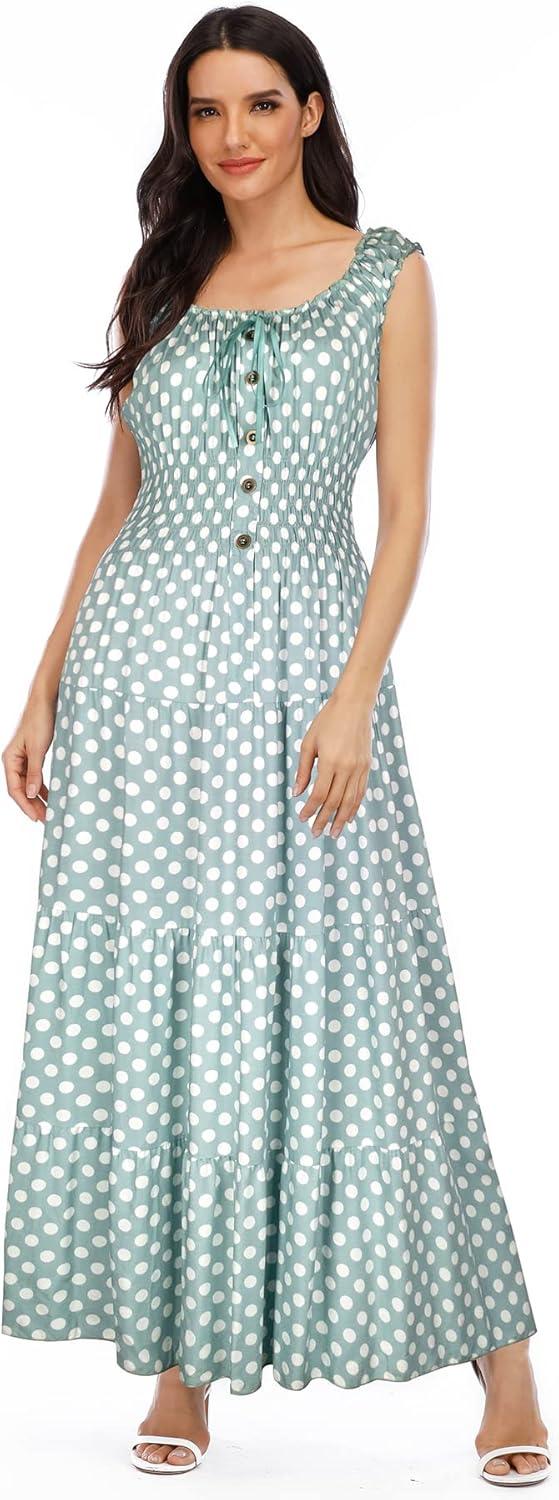 imageOSTOO Womens 2025 Summer Boho Floral Print Tiered Casual Flowy Long Maxi DressGreen Polka Dot