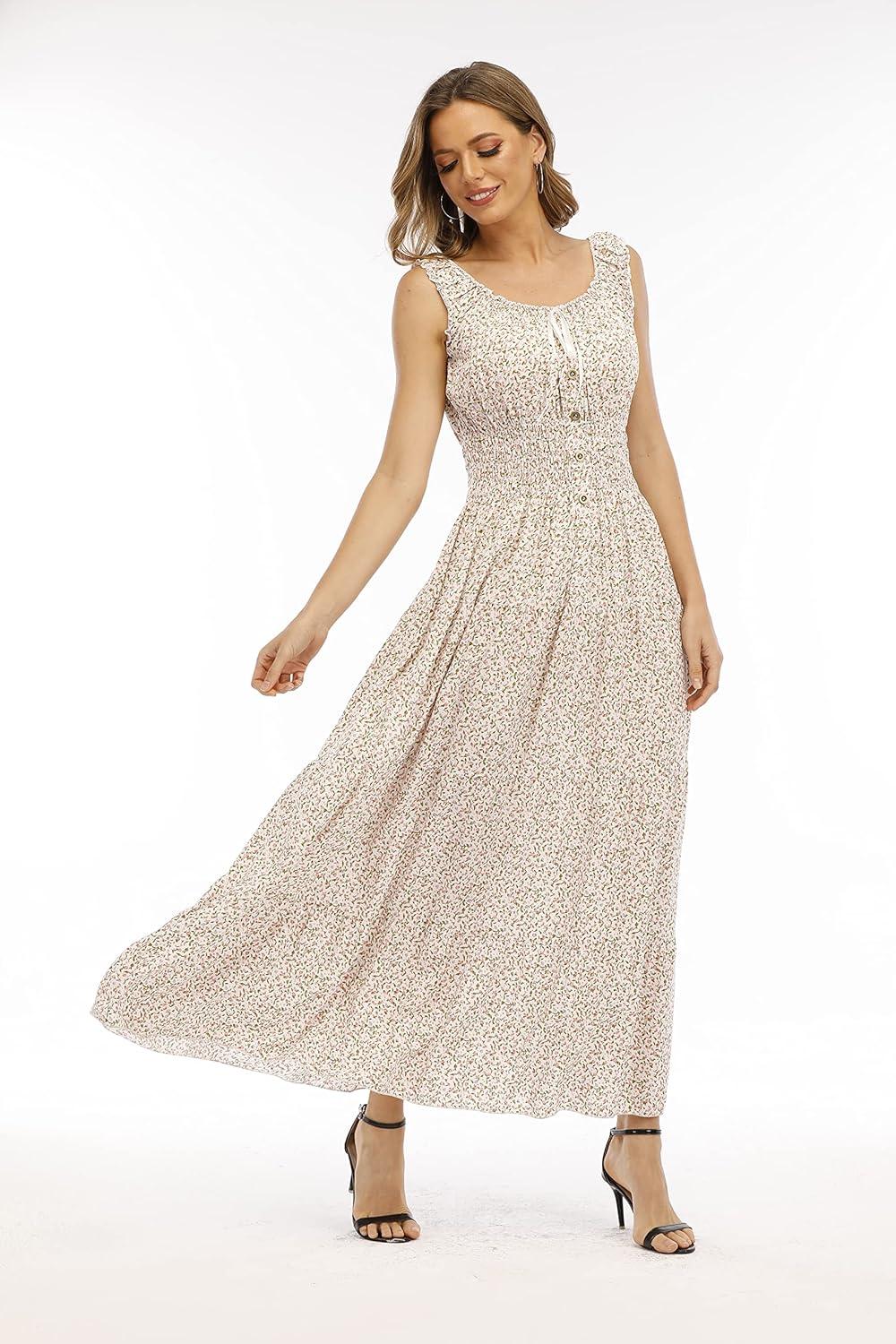 imageOSTOO Womens 2025 Summer Boho Floral Print Tiered Casual Flowy Long Maxi DressGrey White