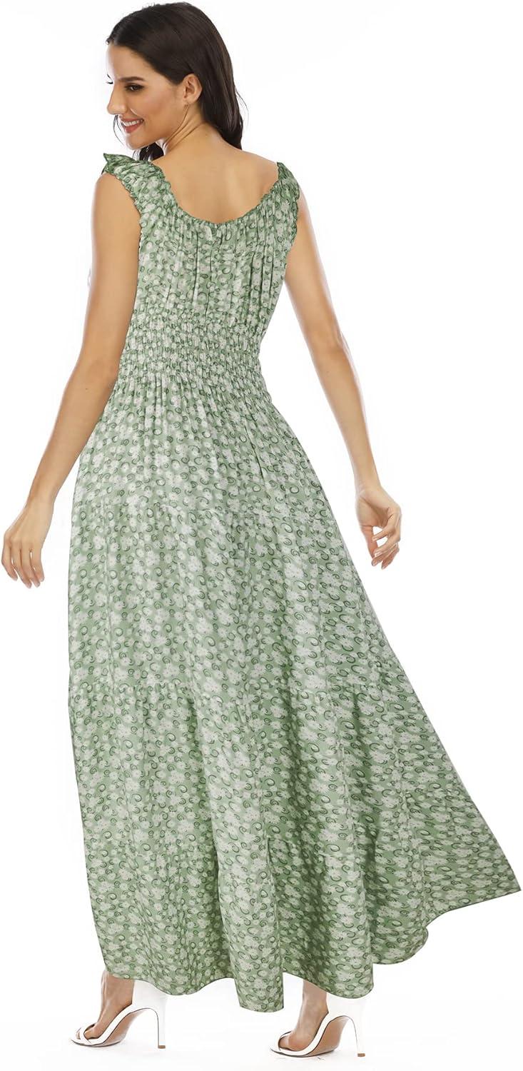 imageOSTOO Womens 2025 Summer Boho Floral Print Tiered Casual Flowy Long Maxi DressLittle Green Flowers