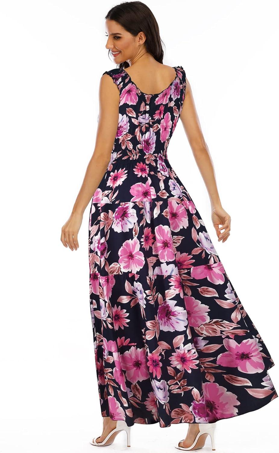 imageOSTOO Womens 2025 Summer Boho Floral Print Tiered Casual Flowy Long Maxi DressNavy Blue Flowers