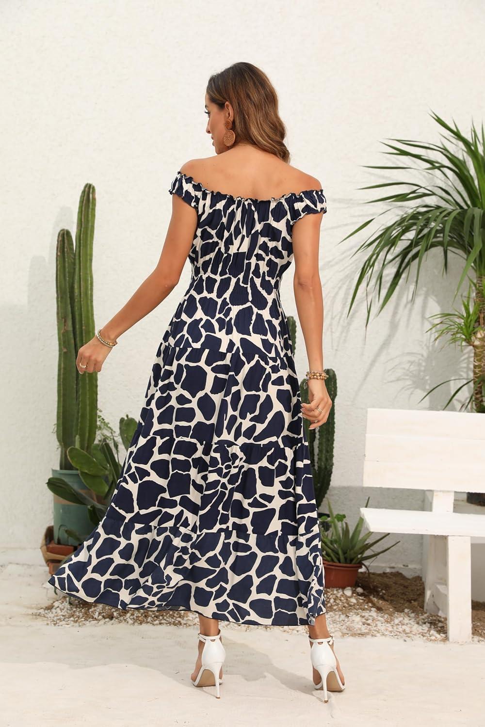 imageOSTOO Womens 2025 Summer Boho Floral Print Tiered Casual Flowy Long Maxi DressNavy Blue Rocks Flower