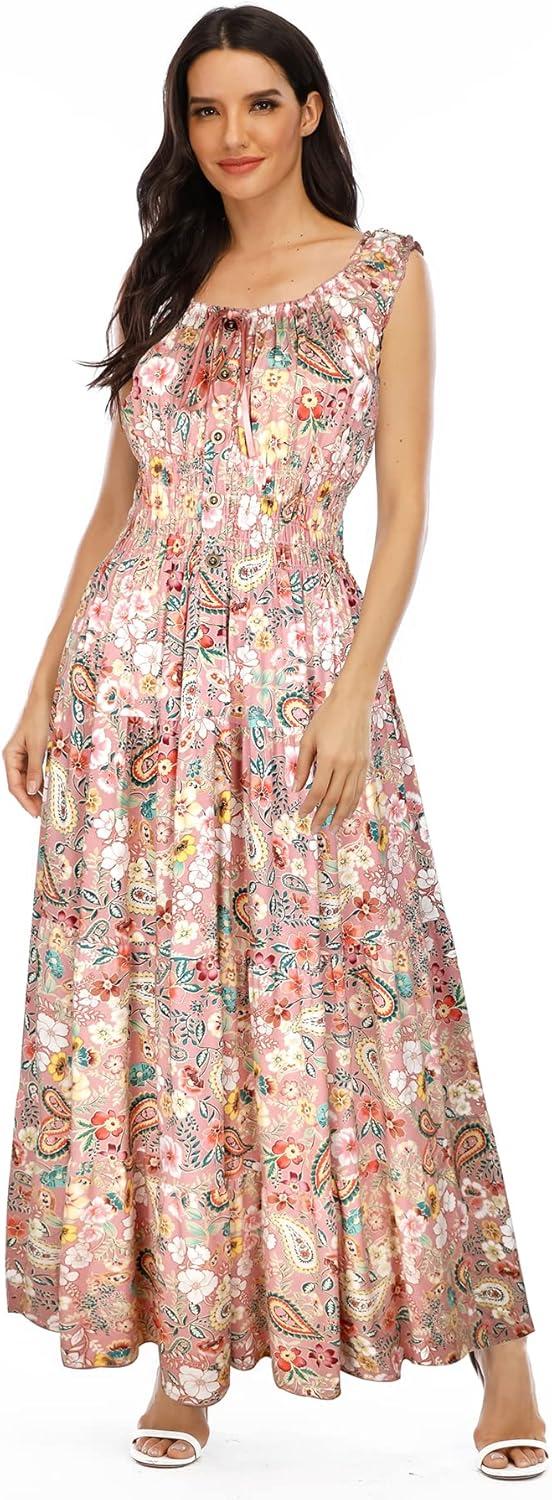 imageOSTOO Womens 2025 Summer Boho Floral Print Tiered Casual Flowy Long Maxi DressPink Cashew Floral