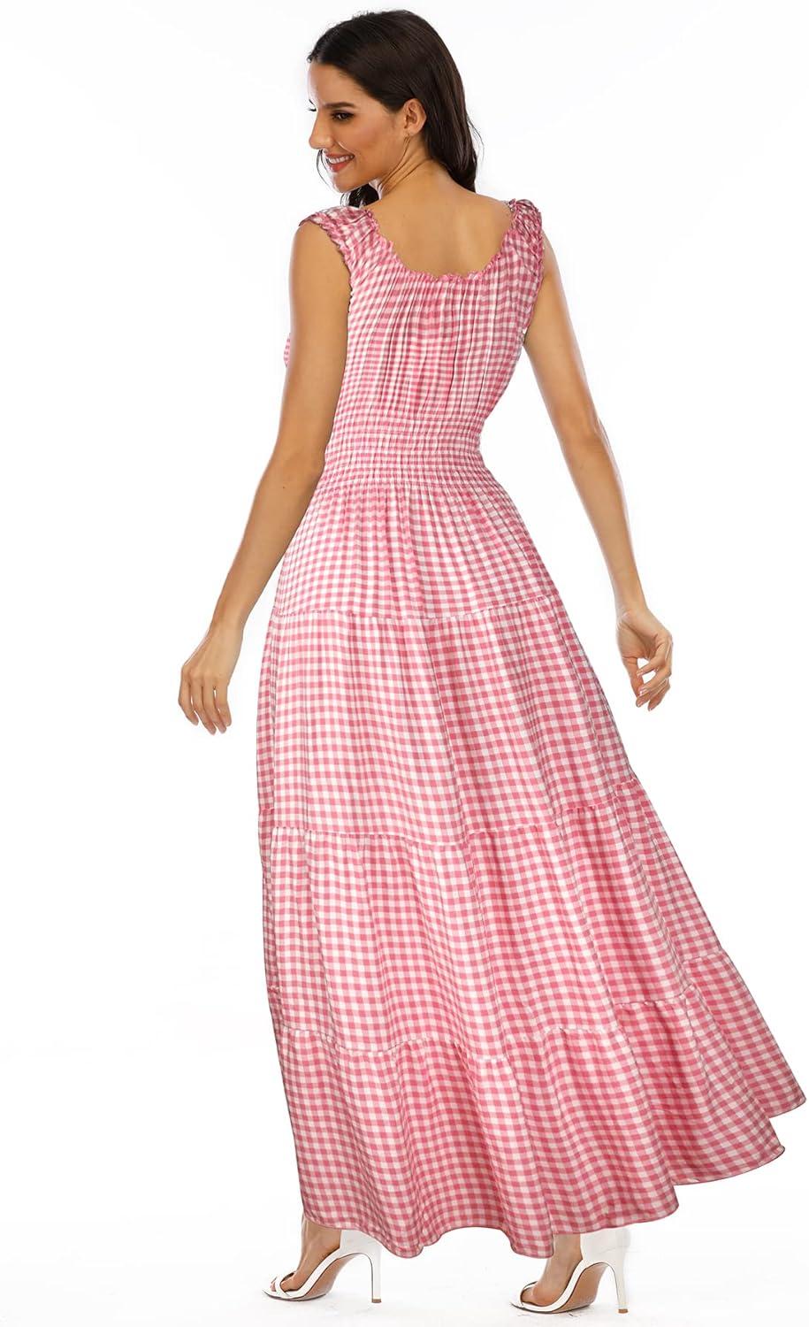imageOSTOO Womens 2025 Summer Boho Floral Print Tiered Casual Flowy Long Maxi DressPink Plaid