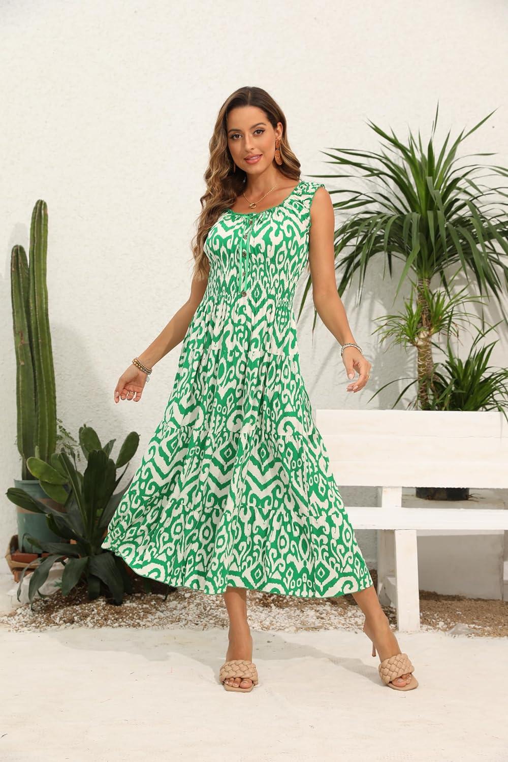 imageOSTOO Womens 2025 Summer Boho Floral Print Tiered Casual Flowy Long Maxi DressPrint Green Geometry