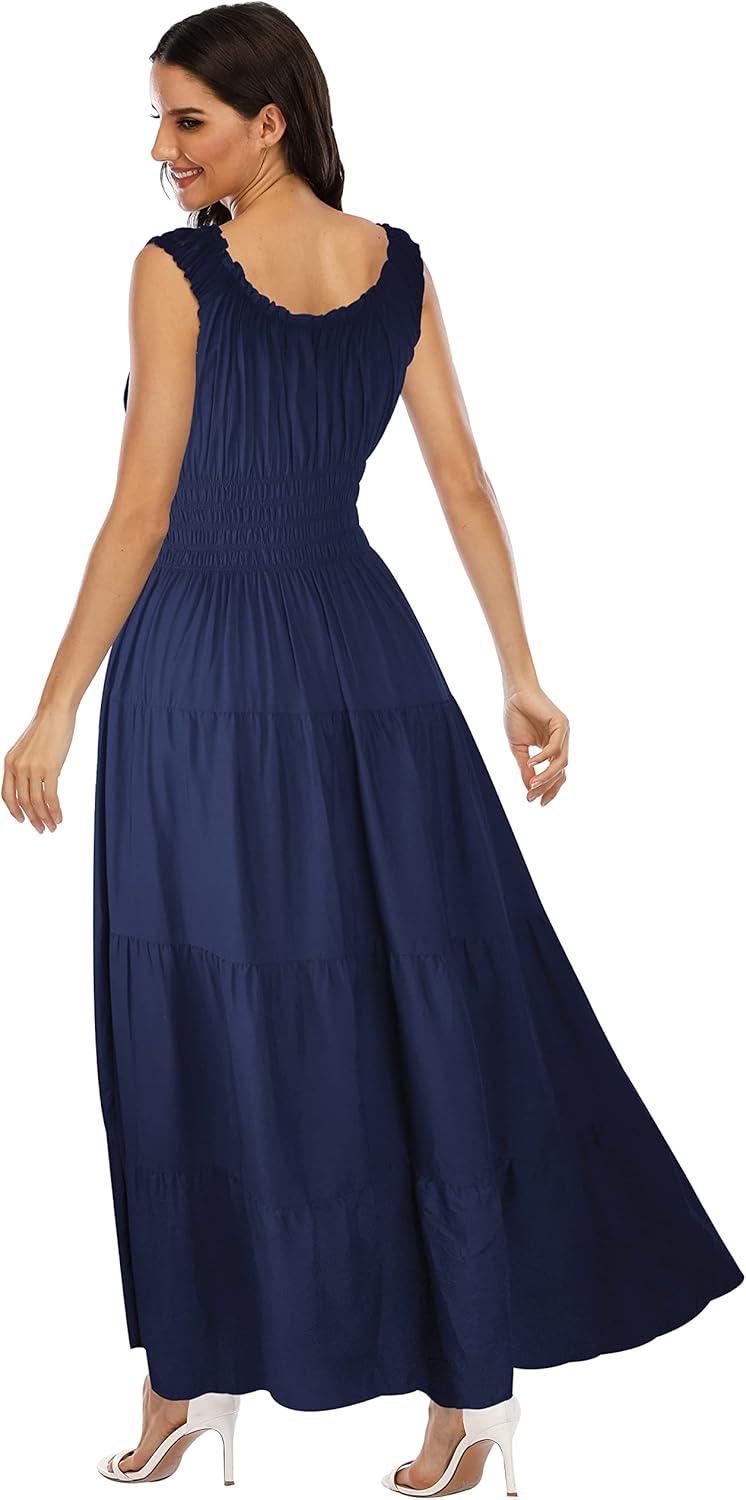 imageOSTOO Womens 2025 Summer Boho Floral Print Tiered Casual Flowy Long Maxi DressSolid Navy