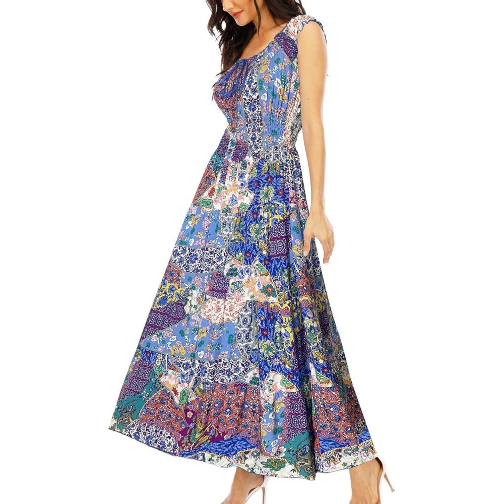 imageOSTOO Womens 2025 Summer Boho Floral Print Tiered Casual Flowy Long Maxi DressBlue Purple Green Flower