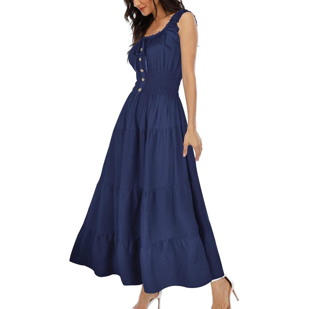 imageOSTOO Womens 2025 Summer Boho Floral Print Tiered Casual Flowy Long Maxi DressSolid Navy