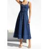 imagechouyatou Womens Adjustable Strap Midi Long Denim Dress 2025 Button Down ALine Swing Flowy Jean DressDark Blue