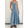 imagechouyatou Womens Adjustable Strap Midi Long Denim Dress 2025 Button Down ALine Swing Flowy Jean DressLight Blue