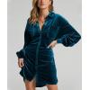 imagechouyatou Womens Elegant Long Sleeve Button Down Velvet Shirt Mini Dress with BeltBlue Green
