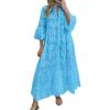 imagechouyatou Womens 2025 Lace Eyelet Embroidery Maxi Dress VNeck Trumpet Sleeve Boho Flowy Swing DressBlue