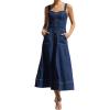 imagechouyatou Womens Adjustable Strap Midi Long Denim Dress 2025 Button Down ALine Swing Flowy Jean DressDark Blue