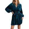 imagechouyatou Womens Elegant Long Sleeve Button Down Velvet Shirt Mini Dress with BeltBlue Green