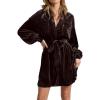 imagechouyatou Womens Elegant Long Sleeve Button Down Velvet Shirt Mini Dress with BeltBrown