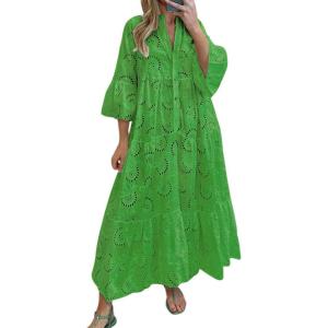 imagechouyatou Womens 2025 Lace Eyelet Embroidery Maxi Dress VNeck Trumpet Sleeve Boho Flowy Swing DressGreen