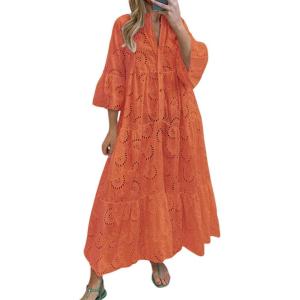 imagechouyatou Womens 2025 Lace Eyelet Embroidery Maxi Dress VNeck Trumpet Sleeve Boho Flowy Swing DressOrangish Red