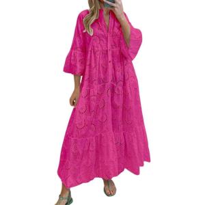 imagechouyatou Womens 2025 Lace Eyelet Embroidery Maxi Dress VNeck Trumpet Sleeve Boho Flowy Swing DressRose Red