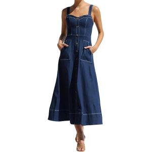 imagechouyatou Womens Adjustable Strap Midi Long Denim Dress 2025 Button Down ALine Swing Flowy Jean DressDark Blue