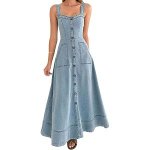 imagechouyatou Womens Adjustable Strap Midi Long Denim Dress 2025 Button Down ALine Swing Flowy Jean DressLight Blue