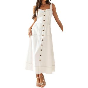 imagechouyatou Womens Adjustable Strap Midi Long Denim Dress 2025 Button Down ALine Swing Flowy Jean DressOffwhite