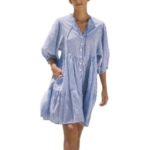 imagechouyatou Womens Summer VNeck Casual Striped Midi Shirt Dress Tiered Boho Beach Tunic Babydoll DressBlue