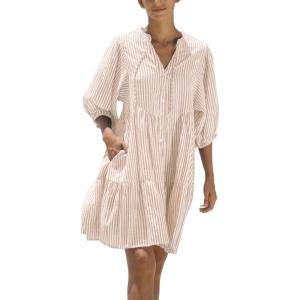 imagechouyatou Womens Summer VNeck Casual Striped Midi Shirt Dress Tiered Boho Beach Tunic Babydoll DressKhaki