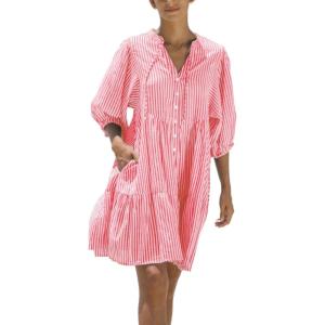 imagechouyatou Womens Summer VNeck Casual Striped Midi Shirt Dress Tiered Boho Beach Tunic Babydoll DressRed