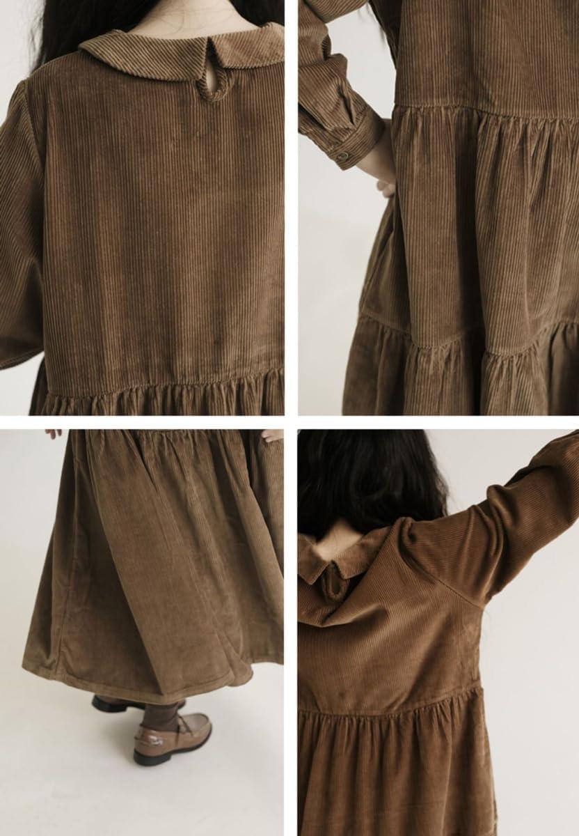 imagechouyatou Womens Vintage Corduroy Babydoll Dress ALine Tiered Maxi Long Dress with PocketsBrown