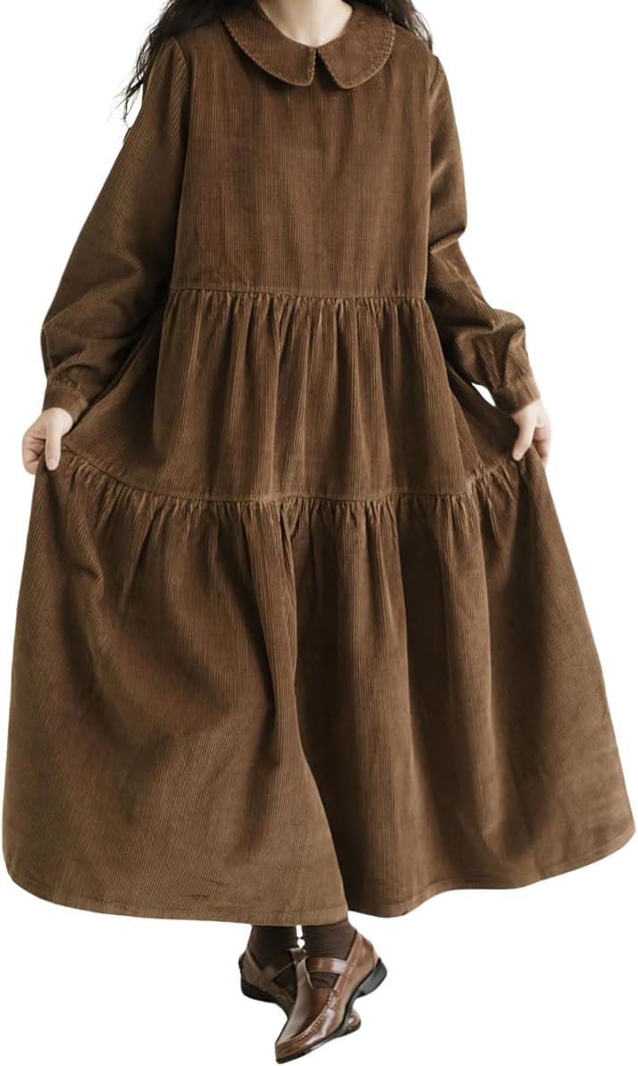 imagechouyatou Womens Vintage Corduroy Babydoll Dress ALine Tiered Maxi Long Dress with PocketsBrown