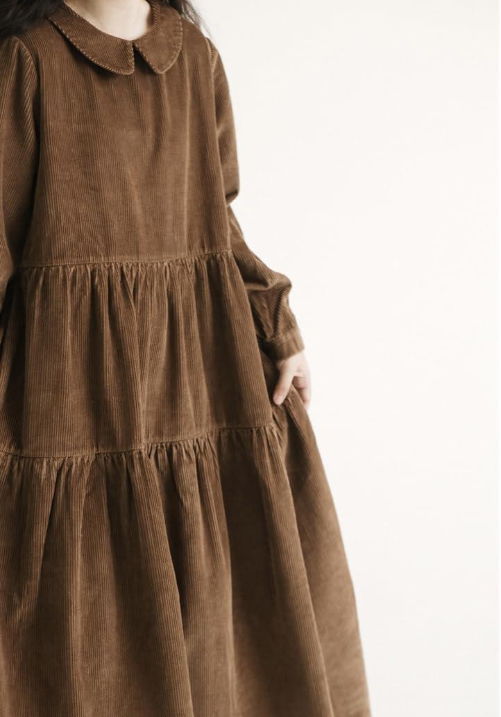 imagechouyatou Womens Vintage Corduroy Babydoll Dress ALine Tiered Maxi Long Dress with PocketsBrown