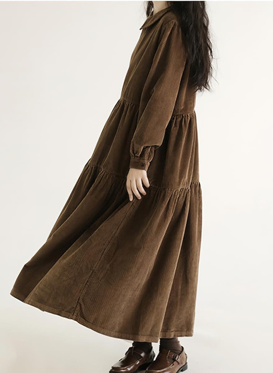 imagechouyatou Womens Vintage Corduroy Babydoll Dress ALine Tiered Maxi Long Dress with PocketsBrown