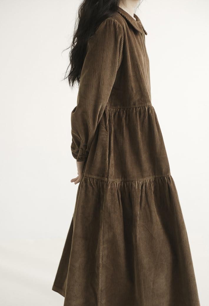 imagechouyatou Womens Vintage Corduroy Babydoll Dress ALine Tiered Maxi Long Dress with PocketsBrown