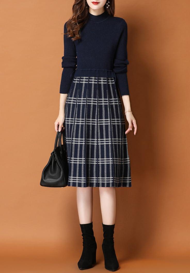 imagechouyatou Womens Vintage Plaid Checkered Color Block A Line Pleated Knitted Sweater Midi Long DressNavy