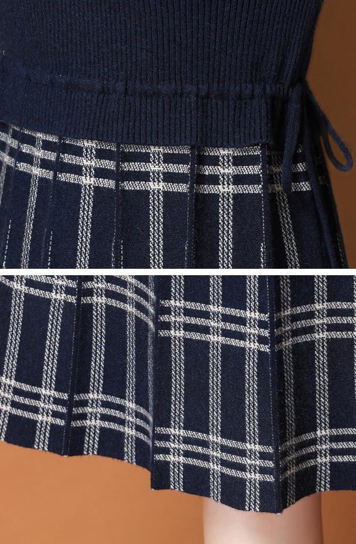 imagechouyatou Womens Vintage Plaid Checkered Color Block A Line Pleated Knitted Sweater Midi Long DressNavy