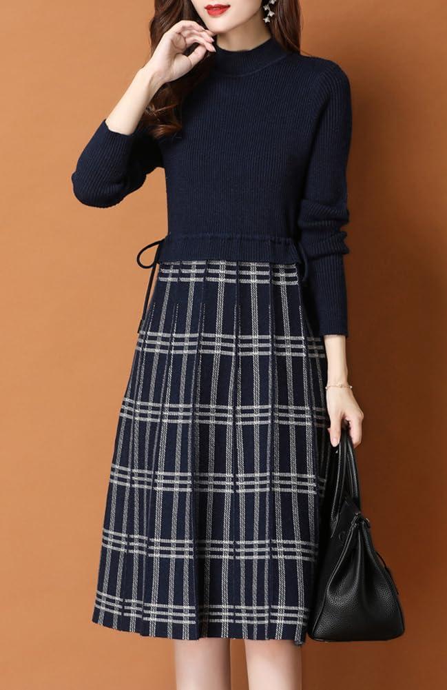 imagechouyatou Womens Vintage Plaid Checkered Color Block A Line Pleated Knitted Sweater Midi Long DressNavy