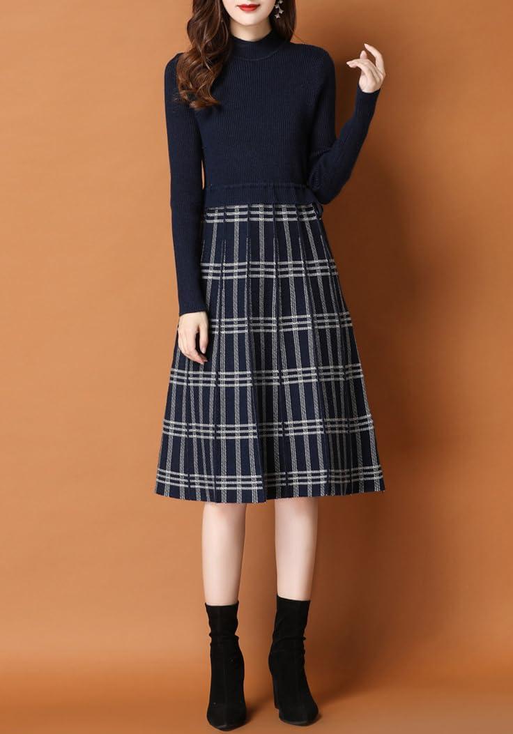 imagechouyatou Womens Vintage Plaid Checkered Color Block A Line Pleated Knitted Sweater Midi Long DressNavy