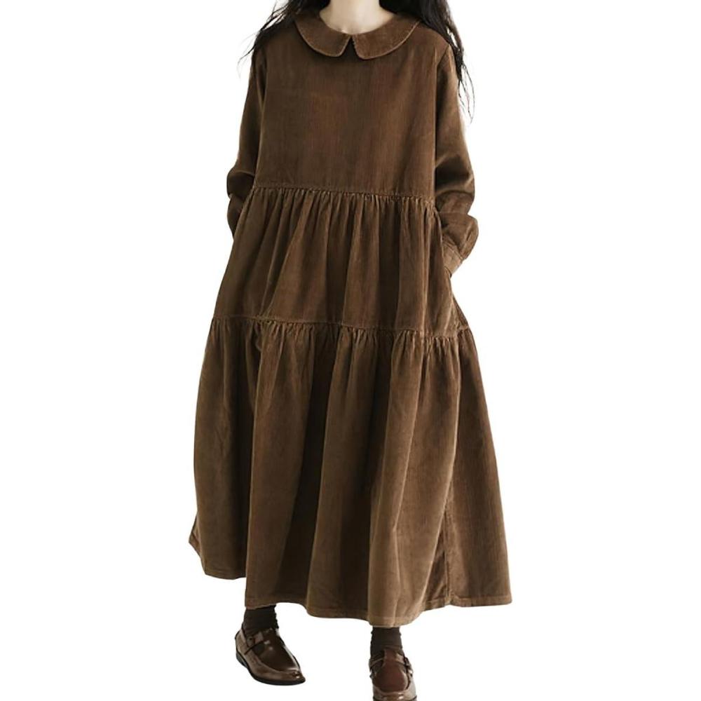 imagechouyatou Womens Vintage Corduroy Babydoll Dress ALine Tiered Maxi Long Dress with PocketsBrown