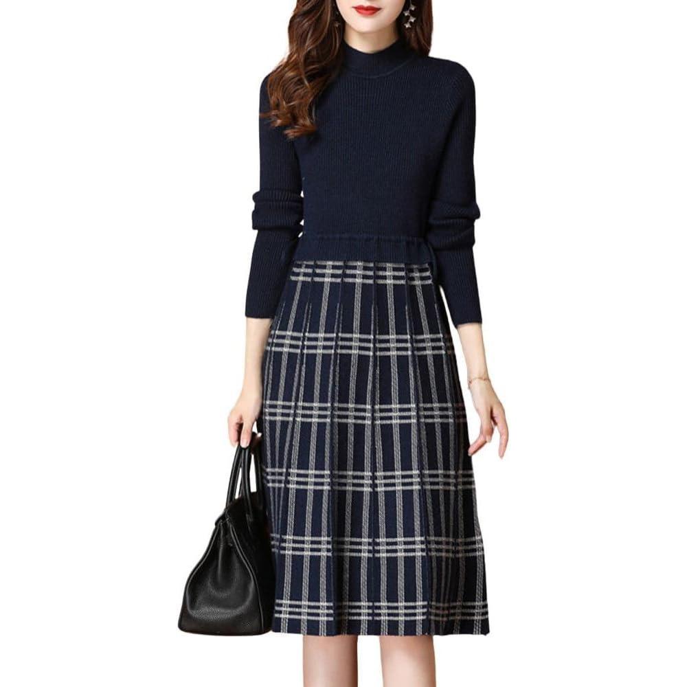 imagechouyatou Womens Vintage Plaid Checkered Color Block A Line Pleated Knitted Sweater Midi Long DressNavy