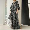 imagechouyatou Women Summer Casual Lantern Sleeve Floral Shift Dress Leopard Print Loose Maxi Long Shirt DressBlack Grey