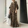 imagechouyatou Women Summer Casual Lantern Sleeve Floral Shift Dress Leopard Print Loose Maxi Long Shirt DressBrown