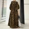imagechouyatou Women Summer Casual Lantern Sleeve Floral Shift Dress Leopard Print Loose Maxi Long Shirt DressBrown