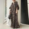 imagechouyatou Women Summer Casual Lantern Sleeve Floral Shift Dress Leopard Print Loose Maxi Long Shirt DressCoffee