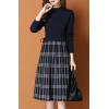 imagechouyatou Womens Vintage Plaid Checkered Color Block A Line Pleated Knitted Sweater Midi Long DressNavy