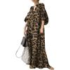 imagechouyatou Women Summer Casual Lantern Sleeve Floral Shift Dress Leopard Print Loose Maxi Long Shirt DressBrown