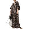 imagechouyatou Women Summer Casual Lantern Sleeve Floral Shift Dress Leopard Print Loose Maxi Long Shirt DressCoffee