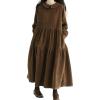 imagechouyatou Womens Vintage Corduroy Babydoll Dress ALine Tiered Maxi Long Dress with PocketsBrown