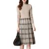 imagechouyatou Womens Vintage Plaid Checkered Color Block A Line Pleated Knitted Sweater Midi Long DressKhaki