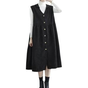 imagechouyatou Women Button Down Sleeveless Corduroy Overall Dress Jumper Midi Babydoll Tank Dress with PocketBlack