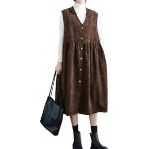 imagechouyatou Women Button Down Sleeveless Corduroy Overall Dress Jumper Midi Babydoll Tank Dress with PocketBrown
