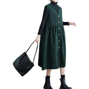imagechouyatou Women Button Down Sleeveless Corduroy Overall Dress Jumper Midi Babydoll Tank Dress with PocketGreen